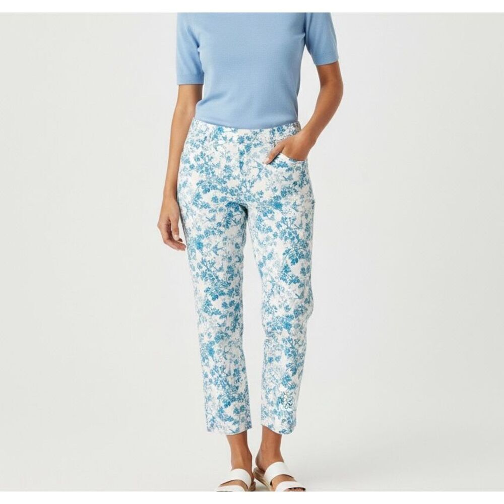 Garnet Hill Pants Straight Leg Cropped Floral White Blue size 10‎